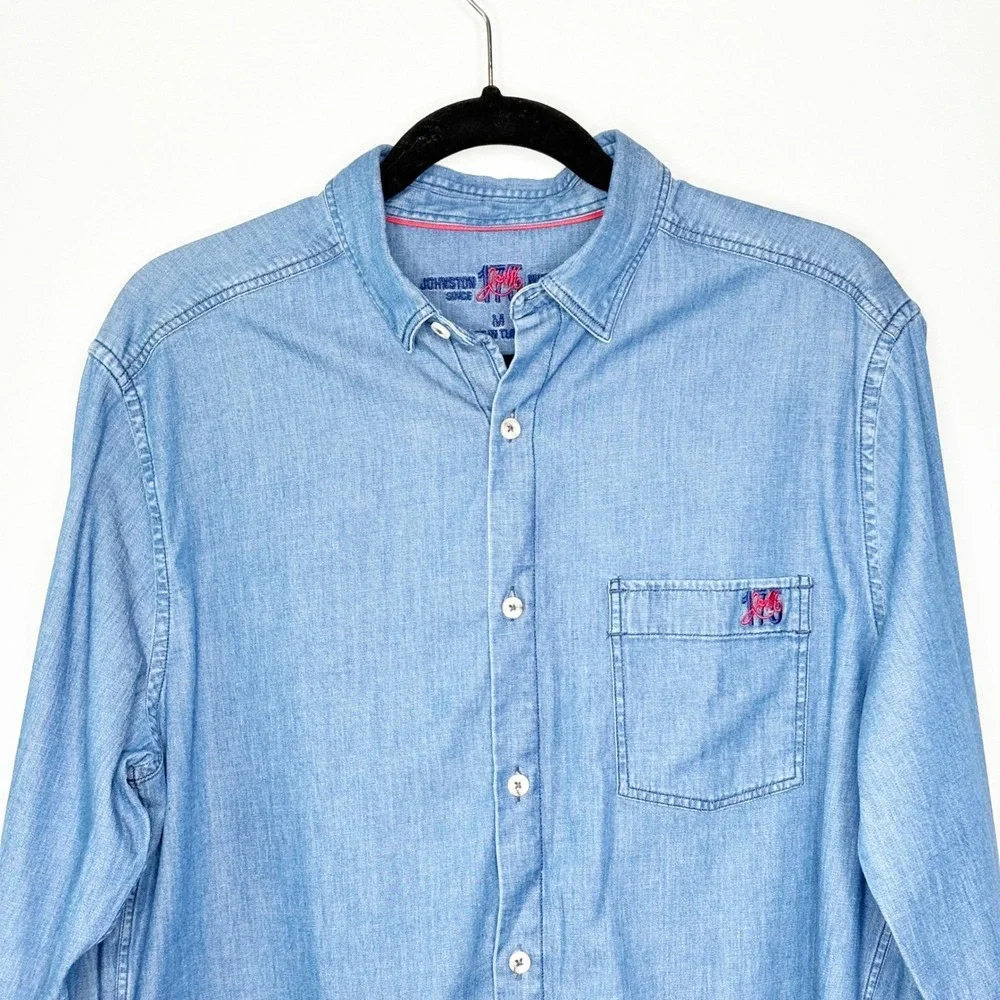 Johnston & Murphy Mens Medium Blue Chambray Stretch Button Down Long Sleeve